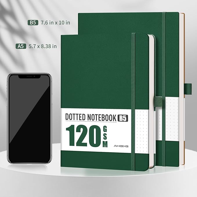 AHGXG Dotted Journal - Dot Grid Notebook Journal, 120 GSM Thick Acid-Free Paper, Large B5 Dotted Notebook 96 Pages, Leather Softcover, Inner Pocket, Journal Stencil, 7.6'' X 10'', Dark Green