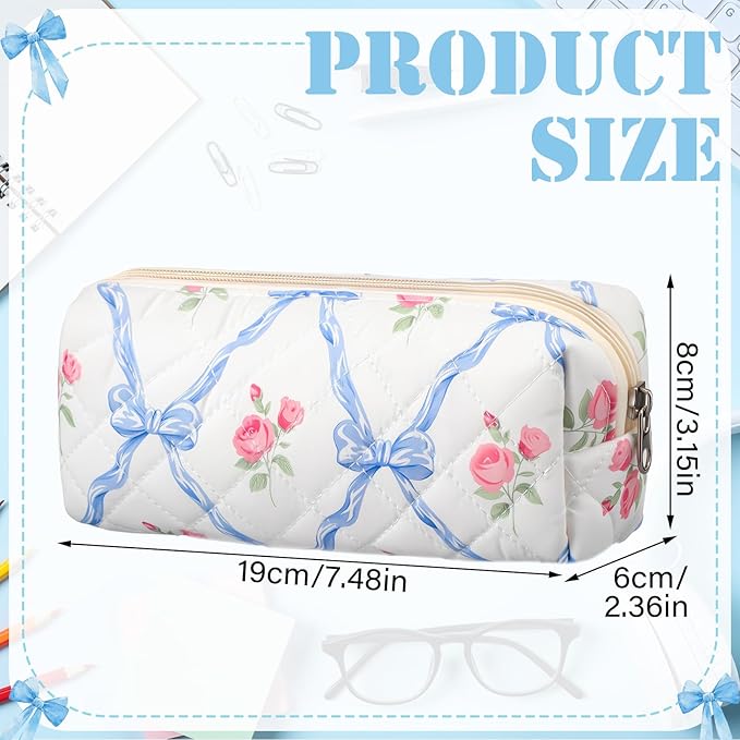 Sherr Coquette Bow Pencil Case Blue Floral Bow Cute Pencil Pouch Soft Cotton Storage Bag Aesthetic Pattern Gift Makeup Pouch Cosmetic Bag for Women Adults