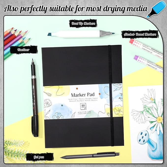 50 Sheets Hardcover Marker Paper Pad, 8.5x11in Alcohol Marker Paper Sketch Pad, 73lb/120gsm Heavyweight Spiral Sketch Book, Painting Coloring Drawing Book for Beginners Artists Ideal Gift