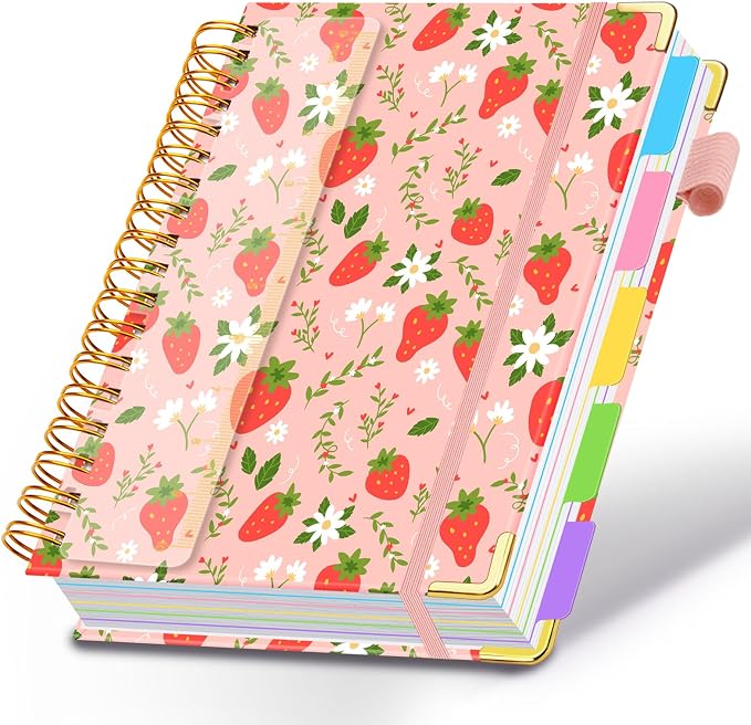 Spiral Journal Notebooks for Work, 300 Pages 5 Subject Notebook College Ruled with Dividers & Tabs, Notebook Journal for Women Students Note-Taking and Organizer (Pink Strawberry, 8.5''x 11'')