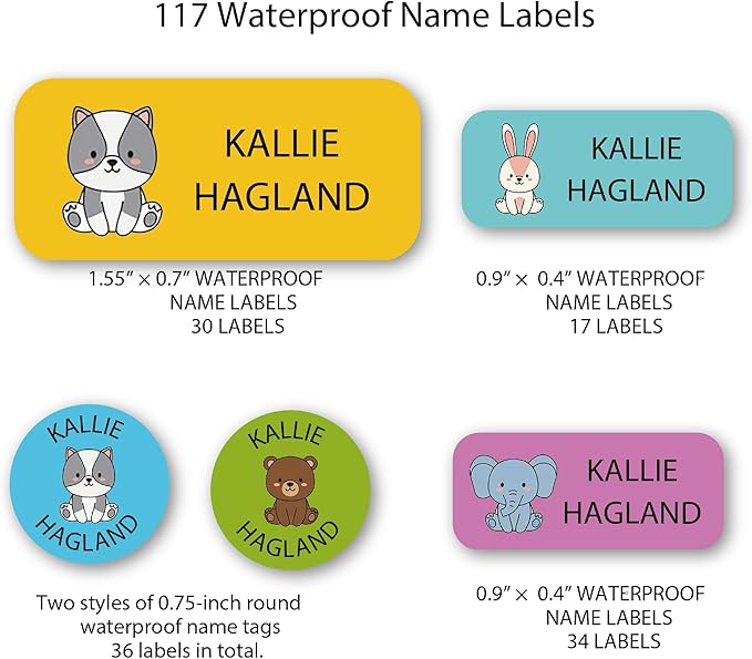 Personalized Kids Name Labels – Waterproof Custom Stickers for Daycare & School, 117 Pack, Dishwasher & Laundry Safe (Animal)