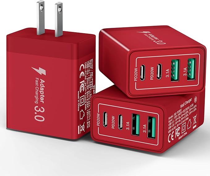 [3-Pack] USB Charger Fast Charging Block 40W Type C Charging Blocks 4-Port PD Power Adapter + QC Wall Plug Multiport USB C Charger Block for iPhone 17 16 15 14 13 12 11 Pro Max XR XS 8