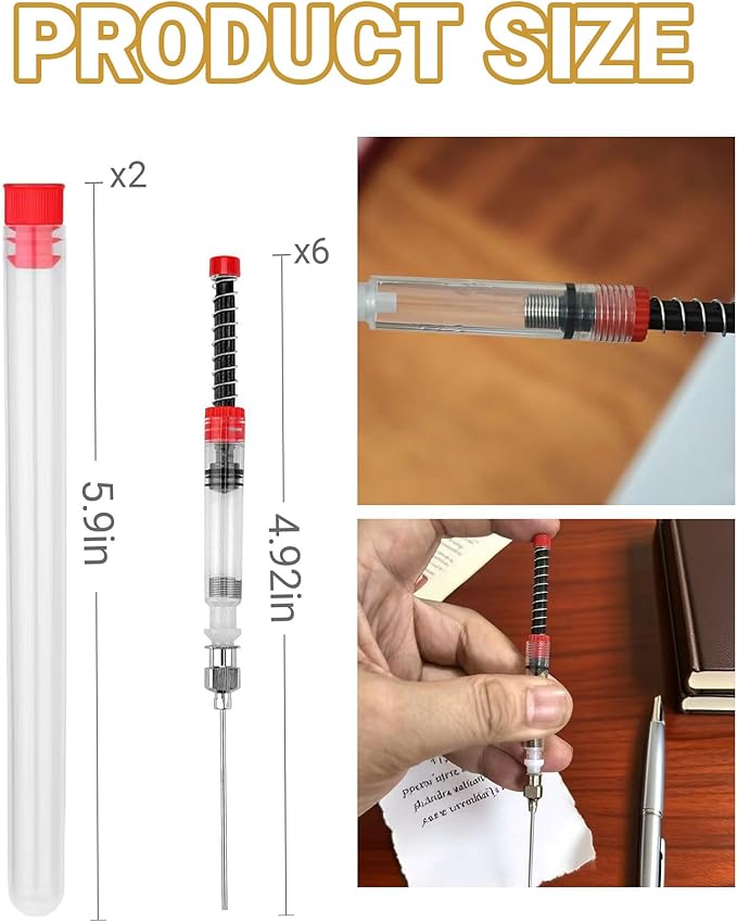 6-Pack Fountain Pen Ink Syringe with Spring-Loaded Plunger & Removable for Refilling Cartridges, Cleaning, Gluing, Extracting Perfume and More, Includes 2 Storage