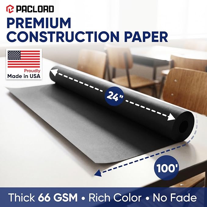 Black Construction Paper Roll 24" x 100 ft – Made in USA – 24" Bulletin Board Paper for Classroom & School, Teachers & Kids