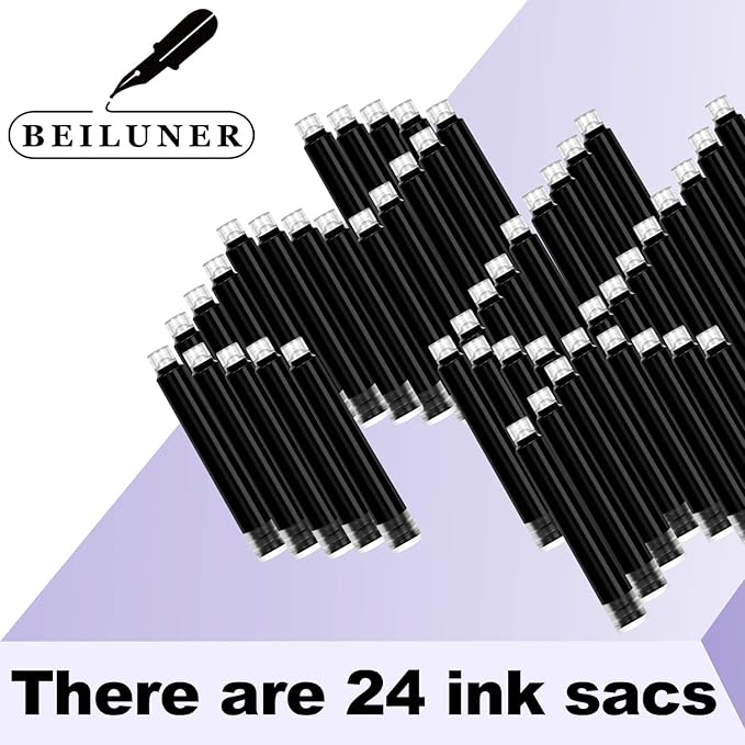 BEILUNER Fountain Pen Set Ink Cartridges Black Color, Value Pack of 24 Refill Ink Cartridges, 2.6 mm Bore Diameter- Preppy Combo for Fine Writing