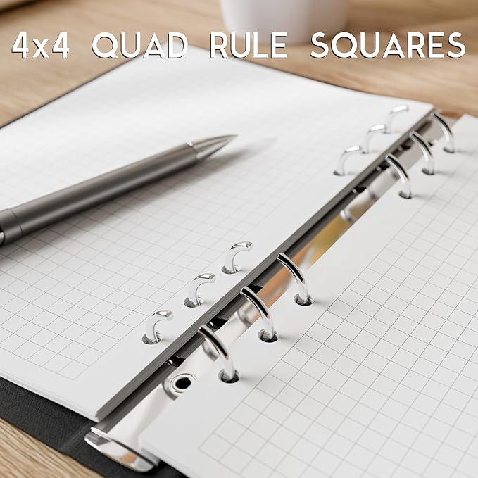 A5 Graph Paper Refill, 6-Hole Punched, Quad Ruled, 120GSM, 200 Sheets (400 Pages), 5.83 x 8.27 inches, 1/4 Inch Squares for 6-Ring Planner Binders