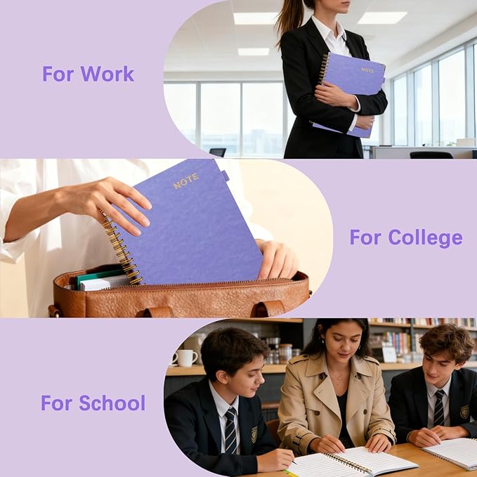 Hardcover Spiral Notebooks for Work 8''x 10'', 300 Pages 5 Subject Notebook with Dividers & Tabs, B5 Spiral Journal for Women, College Ruled Notebooks for School Note-Taking (Lilac Purple)