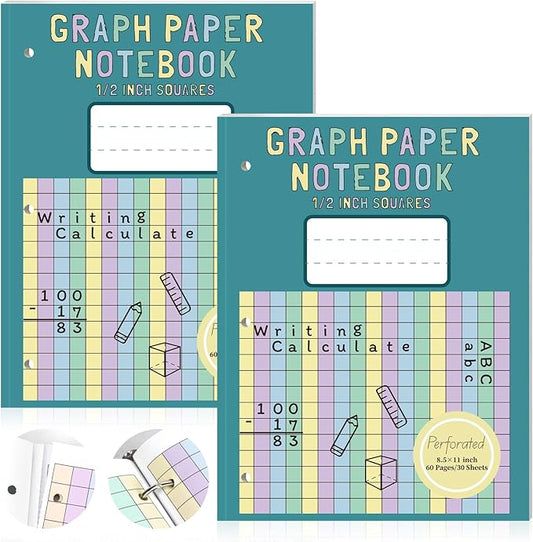 2 Pack Colored Graph Paper Notebook 8.5"x 11" Large Square Graph Paper for 3 Ring Binder 1/2 Inch Squares Math Grid Notebook 3 Hole Punch Graph Writing Paper for Kids School Dyslexia Dysgraphia