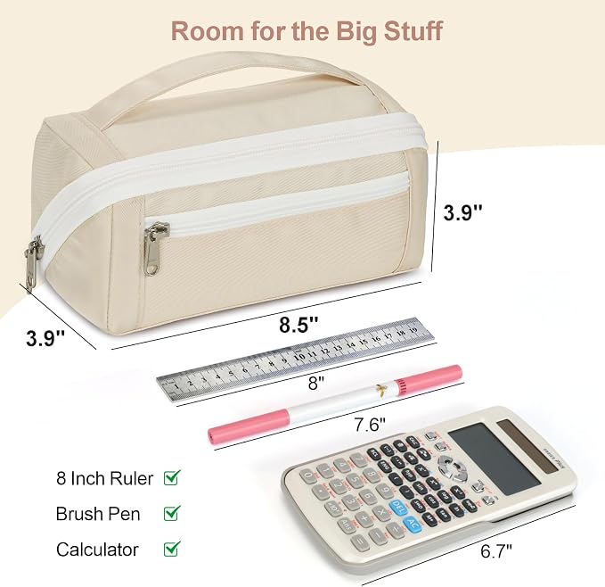 Large Pencil Pouch for Teen Girls, 8 Compartments, Cream White | Large capacity pencil case, wide-opening organizer fits calculators, markers, pens; for middle school, high school, college