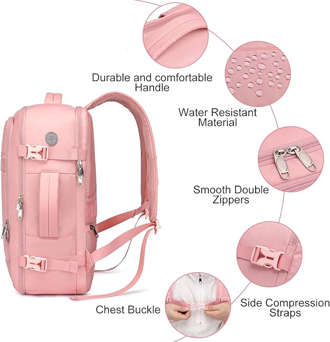 Carry On Backpack for Women,Travel Backpack Flight Approved,Underseat Personal Item Travel Bag With Shoe Compartment, TSA 15.6" Laptop Back Pack Casual Daypack for College Weekender Business,Pink