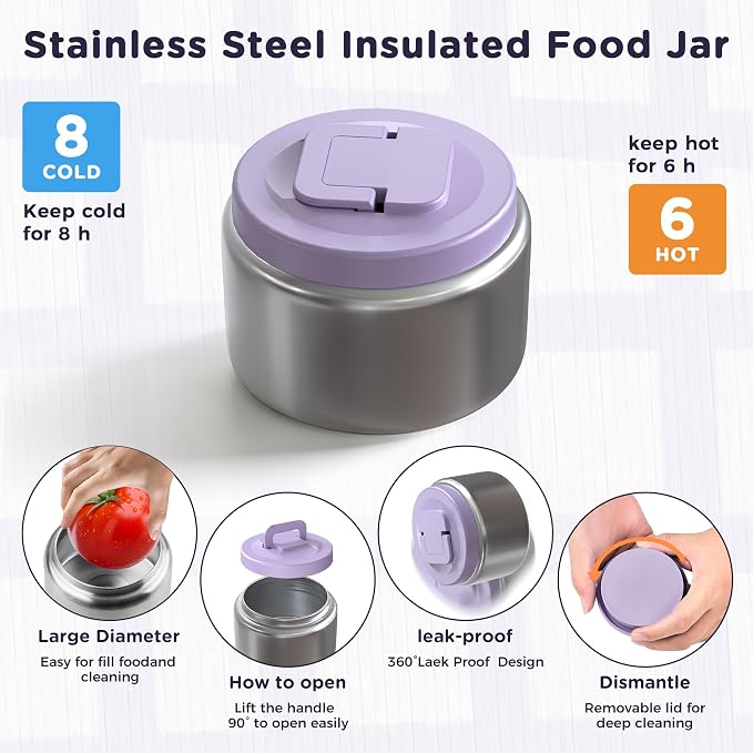 Stainless Steel Bento Lunch Box for Kids Adults with 8oz Insulated Food Jar,Ice Pack,Leak-proof,Dishwasher-Safe,Transparent Lid with Sauce Cup and Cutlery Storage for School & Travel,BPA-Free(Purple)