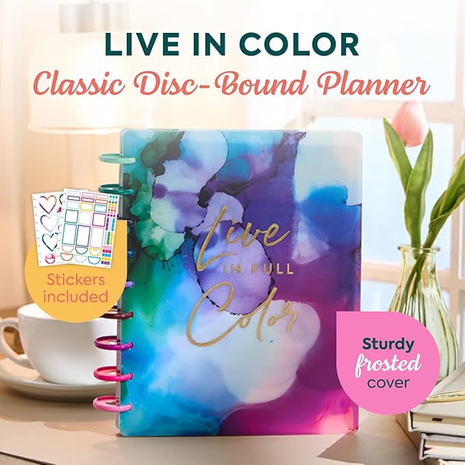 Happy Planner Disc-Bound Planner July 2026–June 2027, Includes 3 Extra Months and 2 Sticker Sheets, Classic Size, 7" x 9.25", Horizontal Layout, Live in Color