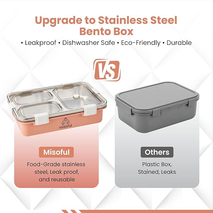 Bento Lunch Box for Kids Age 8+, Teens, Adults - 1000ml Stainless Steel School Lunchbox, 3 Compartments, Non-Microwavable, Compact BPA-Free Food Container for School Lunches, Snacks, Travel - Pink