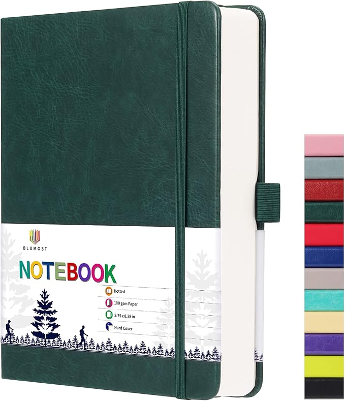 Bullet Dotted Journal Notebook - A5 Dot Grid Notebook with 280 Pages,100gsm Thick Paper,Leather Hardcover Journal for Women Men,5.75'' × 8.38''-Dark Green