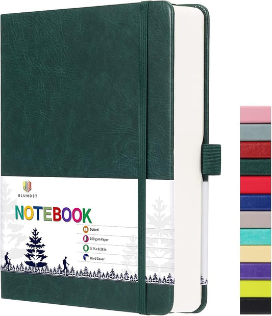 Bullet Dotted Journal Notebook - A5 Dot Grid Notebook with 280 Pages,100gsm Thick Paper,Leather Hardcover Journal for Women Men,5.75'' × 8.38''-Dark Green