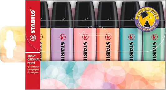 STABILO - BOSS ORIGINAL Pastel - Highlighter - Pack of 6 - Milky Yellow, Creamy Peach, Pink Blush, Lilac Haze, Hint of Mint, Touch of Turquoise | Pack of 6 - Milky Yellow, Creamy Peach, Pink Blush, Lilac Haze, Hint of Mint, Touch of Turquoise