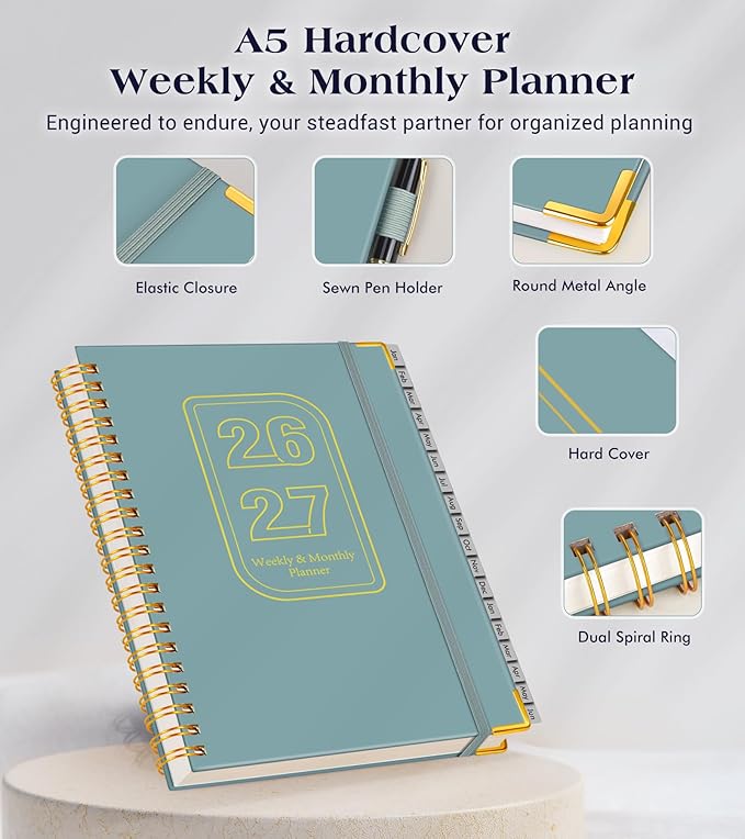 Planner 2026-2027, 18 Months Weekly and Monthly Hardcover Planner, January 2026 - June 2027, 5.75" x 8.38" A5 Daily Calendar Planner Book with Tabs, Spiral Yearly Agenda Organizer Notebook for School Work Home, Blue