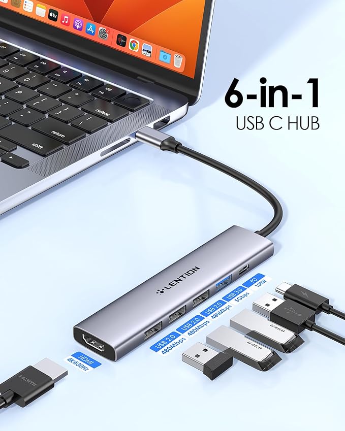 LENTION USB C Hub Multiport Adapter with 100W Charging, 4K HDMI, 4 USB-A Data Ports, Type C Hub for 2016-2026 MacBook Pro/Air/Neo, Surface, Chromebook, USB Splitter for iPhone 15-17 (CH17, Space Gray)