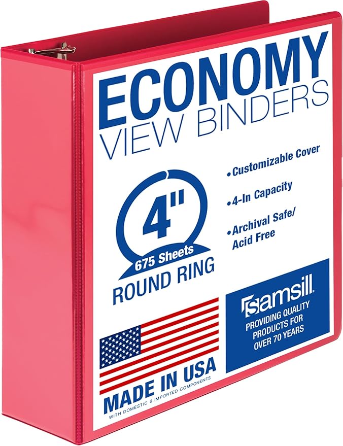 Samsill 4 Inch 3 Ring Binder, Economy Round Ring, Clear View Cover, 675 Sheet Capacity - for Schooo, Home, Office - Ruby Red