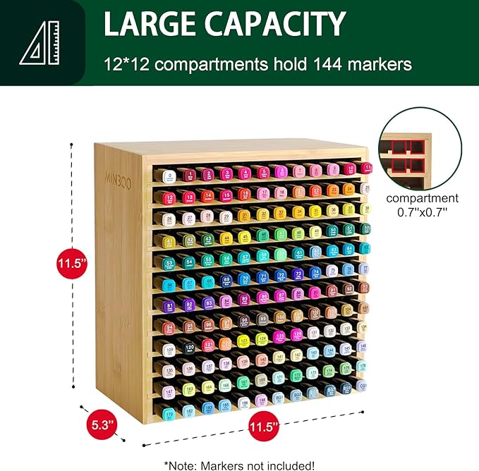 MinBoo Marker Organizer for 144 Markers, Bamboo Art Supply Storage Organizer Rack, Art Markers Pens Colored Pencils Paint Brushes Stationary Organizer Holder for Home Classroom Office Desk Decor