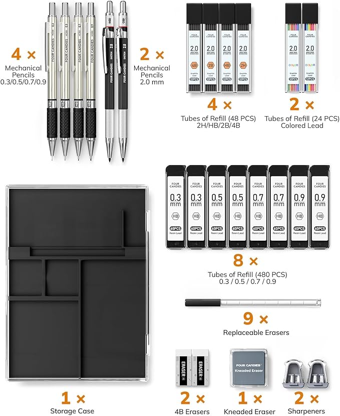 Four Candies 27PCS Mechanical Pencil Set with Case, Art supplies with Metal Pencil 0.3, 0.5, 0.7, 0.9 mm & 2PCS 2mm (HB 2H 2B 4B Color) with 552 Lead Refills, Technical Drawing Kit for Teen & Adults