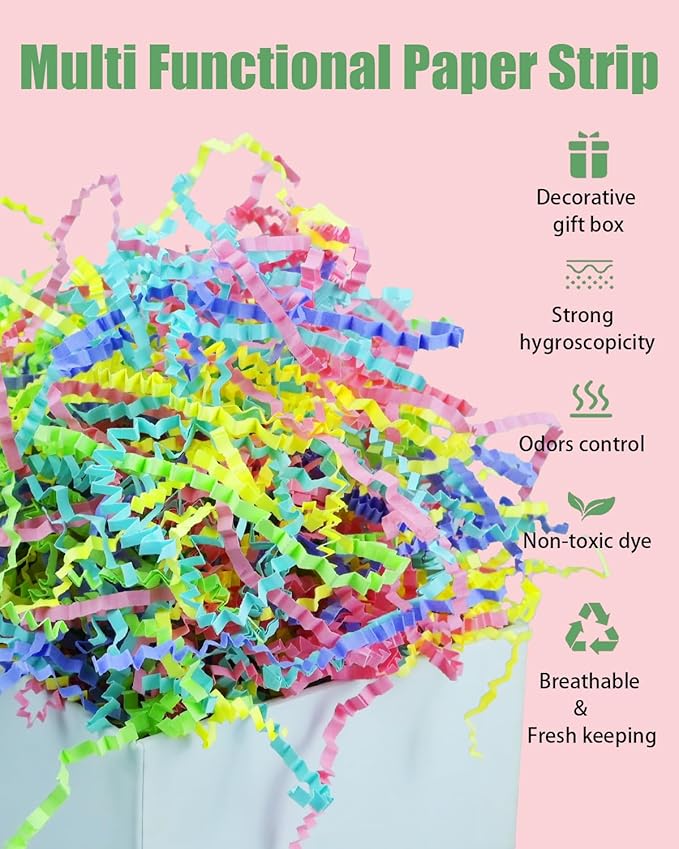 Raissily 10.5oz/300g Crinkle Cut Paper Shred Filler, Packing Grass Cushion for Christmas Wedding Birthday Anniversaries Easter Engagement Gift Confetti Box Bag Basket Filling Decoration (Green/Pink/Yellow/Blue/Purple)