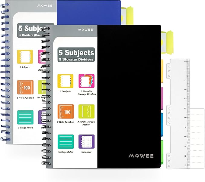 5 Subject Notebook, 2 Pack College Ruled Notebook with Storage Divider Pockets, Index Tabs, 11" Ruler, 200 Pages, for School, Business, Office Supplies, 8.1''x11.7''（Black Blue）