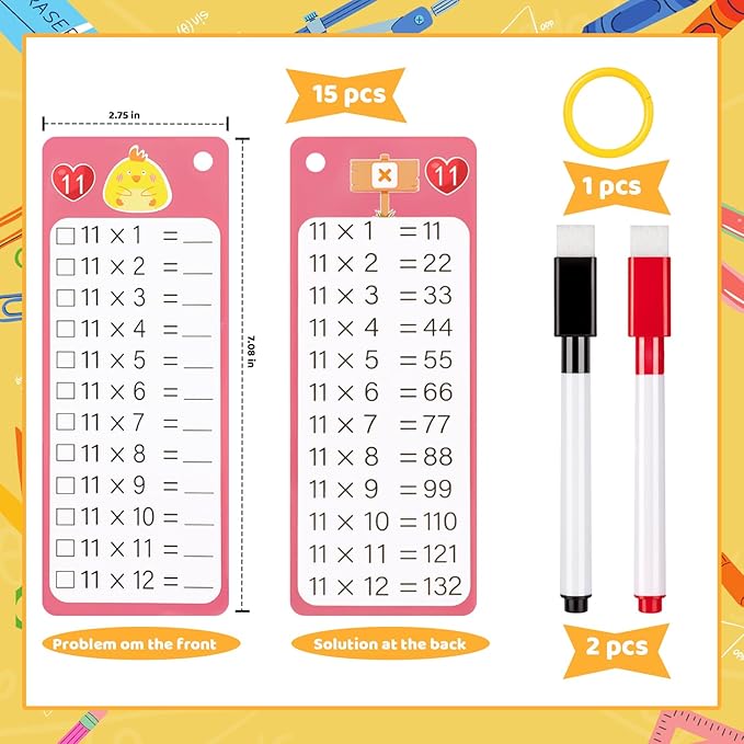 15Pcs Multiplication Flash Cards 0-12, Time Table Flash Cards Chart with 2 Dry Erase Pens 1 Rings, Educational Math Multiplication Chart for 1st to 3rd Grades Fun Learning with Math Game