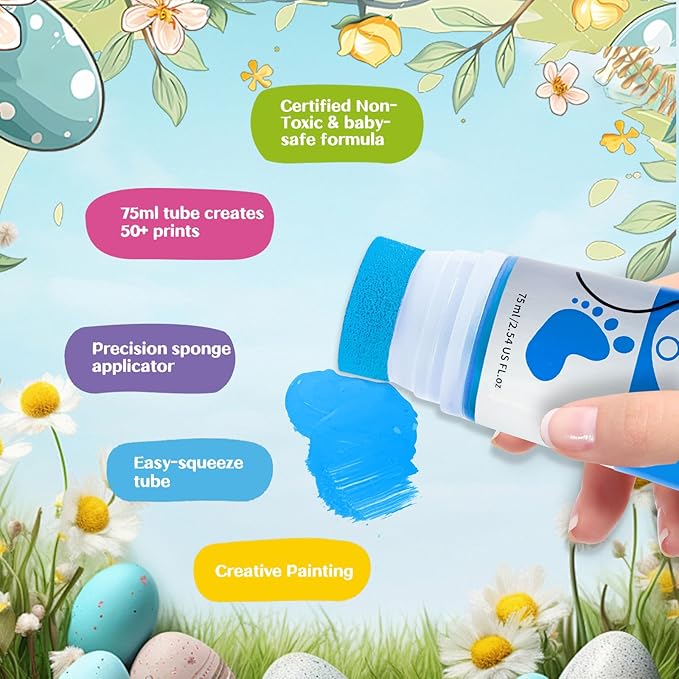 Baby Hand and Footprint Paint with Sponge Head, 2.54 fl oz, Non-Toxic & Acid-Free, Washable Baby Safe Paint for Newborn Keepsakes, Dog Nose & Paw Prints, Ideal New Mom Gift - Blue