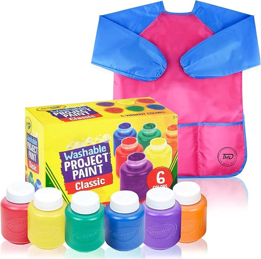 Kids Painting Set, Washable Paint for Kids 6 Colors, Painting Smock, Non Toxic Tempera Paint 2 oz Each, Paints for Toddlers Art, Craft, Home Finger Paints Projects Gifting Bundle