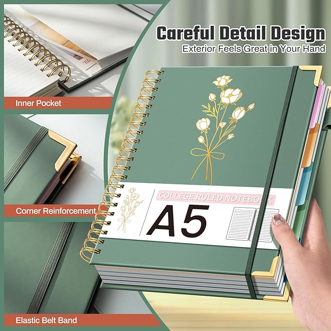 Hardcover Spiral Notebooks 6.1" X 8.4" Note Taking 5 Subject Notebook College Ruled with Dividers 240 Pages 100GSM Aesthetic Spiral Notebook for Work School Cute Journals for Women Writing, Green