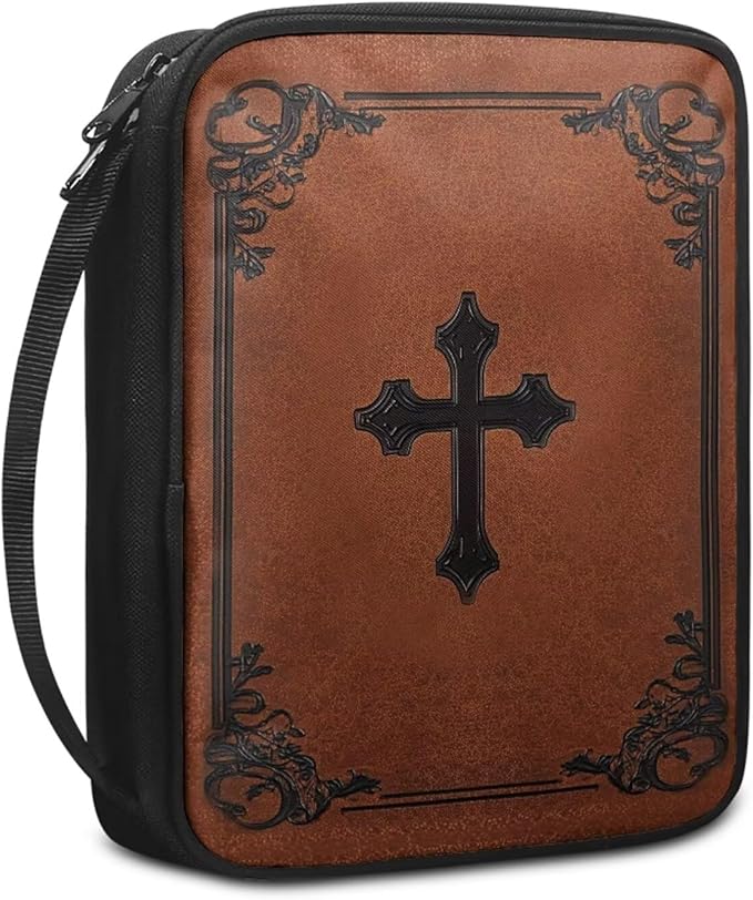 Cross Pattern Brown Bible Cover Bible Case for Men Women,Canvas Carrying Cases Book Protector with Handle