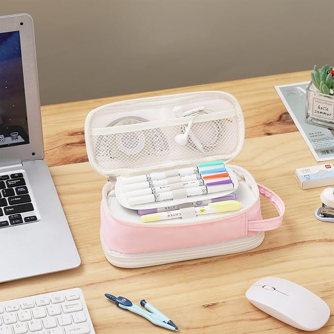 Dugio Large Pencil Case Organizer Big Pencil Bag for Girls Teens Pink | Kids Zipper Pencil Pouch Aesthetic Stationery Pen Pencil Box Back to School, Large Capacity Design, Thick Multi-layer Fabric