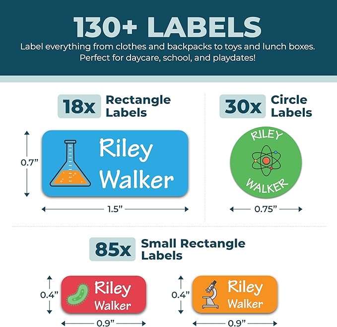 Bunny Badges Personalized Daycare Name Labels for Kids (130 Labels) - Custom Waterproof Name Stickers for Clothing Tags, Water Bottles, Lunch Boxes and School Supplies (Science)