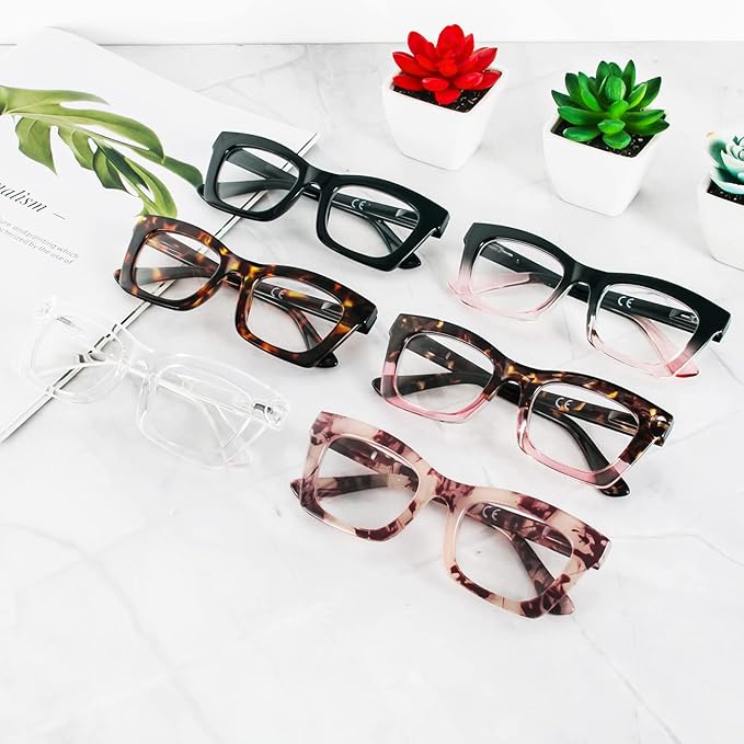 REAVEE 6 Pack Reading Glasses for Women Blue Light Blocking, Cute Square Computer Readers with Spring Hinge