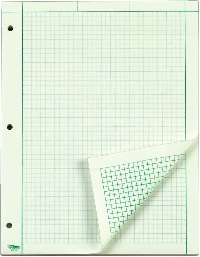 TOPS Engineering Computation Pad, 8-1/2" x 11", Glue Top, 5 x 5 Graph Rule on Back, Green Tint Paper, 3-Hole Punched, 100 Sheets (35500)