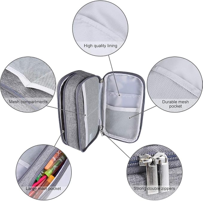 Chelory Large Capacity Pencil Case Big Pencil Bag Pouch High Storage 3 Compartments Pen Marker Holder Cases Office Stationery Organizer Supplies Makeup Bag Men Women, Gray