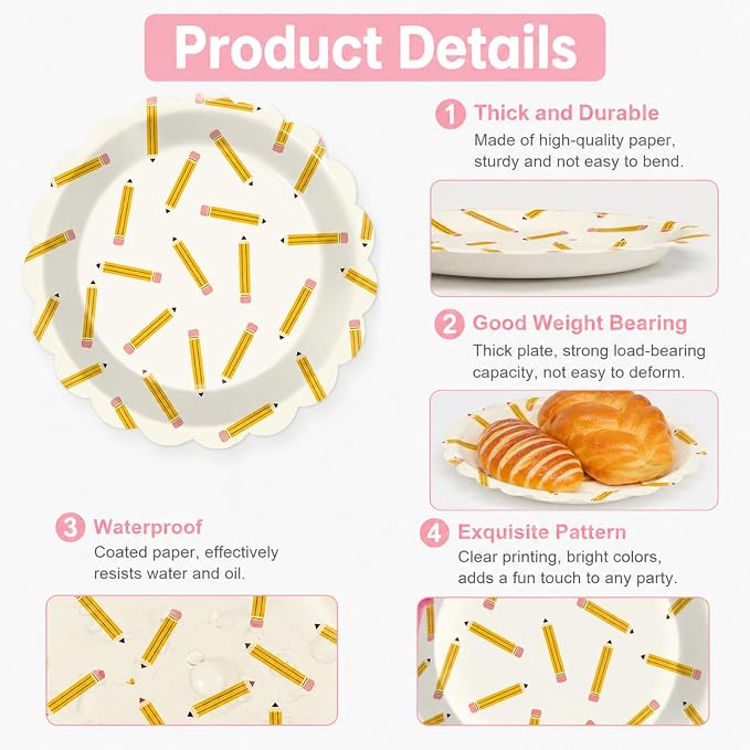 50PCS Back to School Pencil Paper Plates First Day of School Season Theme Party Decor Disposable Pencil Paper Dessert Plates Tableware Set for Graduation Kindergarten Gathering Birthday Party Supplies