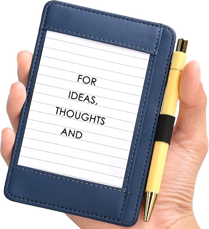 Index Card Holder 3 x 5 PU Index Card Wallet Portable Pocket Notepad Holder with 25 Lined Sheets Mini Note Card Holder Writing Case with Card Slot Note Card Case for Record Sports No Pen (Blue)