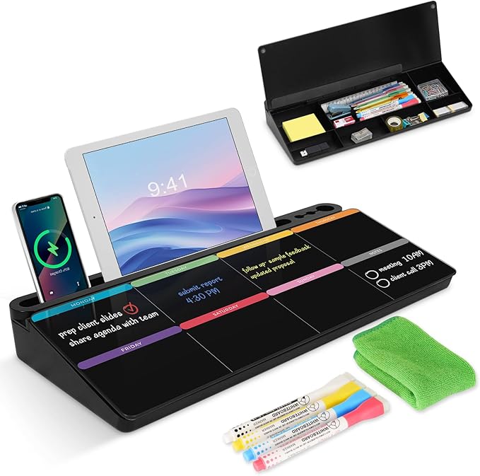 Desktop Glass Whiteboard with Storage, Colorful Weekly Calendar Desk Dry Erase White Board, Desk Organizers and Accessories, Weekly Planner with Notes for List, Planning, Memo, Office, Home, School