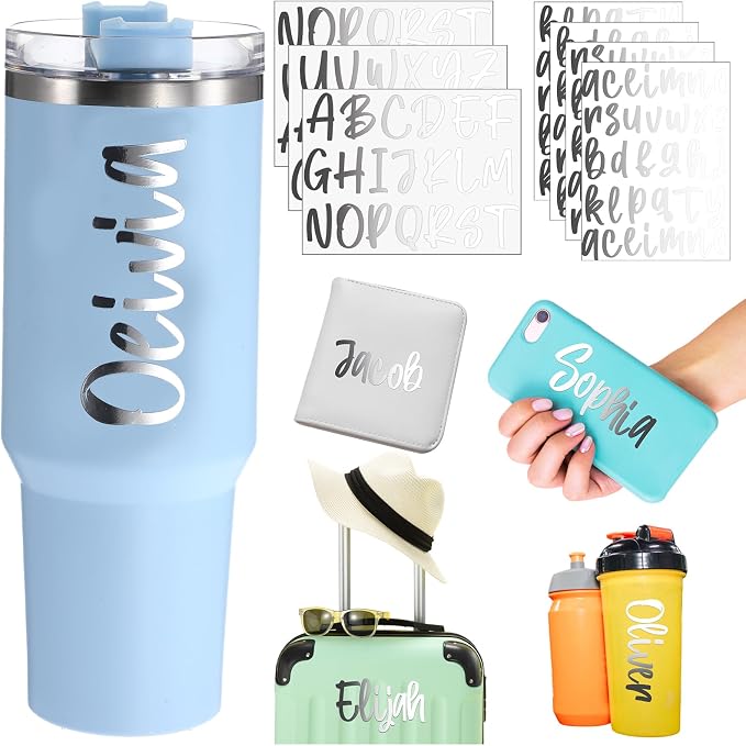 UV DTF Cup Wrap Letter Stickers Vinyl Decals,Silver,6 Sheets | Personalized Name Stickers for Water Bottles Tumblers, Waterproof UV DTF Alphabet A-Z Stickers for 14-40oz Mugs DIY Craft