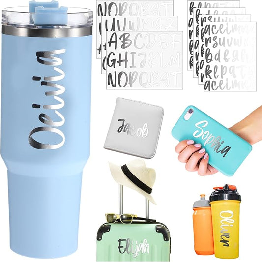 UV DTF Cup Wrap Letter Stickers Vinyl Decals,Silver,6 Sheets | Personalized Name Stickers for Water Bottles Tumblers, Waterproof UV DTF Alphabet A-Z Stickers for 14-40oz Mugs DIY Craft