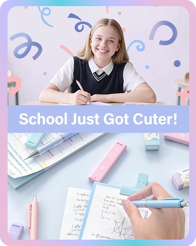Four Candies 6PCS Cute Mechanical Pencil Set, 0.5mm & 0.7mm with 360PCS Lead Refills, Pastel Erasers & Case, Clean Girl Preppy School Supplies for College Standardized Tests and Schoolwork