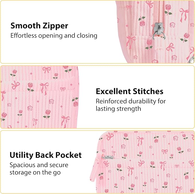 FINPAC Pencil Case, Corduroy Triangle Makeup Bag, Kawaii Pen Bag Pouch Holder Box Organize for Study, Office, or Travel (Pink Rose Bow 2)