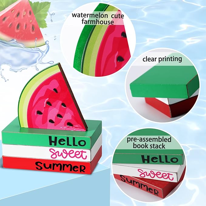 Yulejo 4 Piece Summer Watermelon Table Decor Hello Sweet Summer Book Table Centerpieces Farmhouse Wooden Watermelon Tiered Tray Stacked Book Decor for Home Office Kitchen