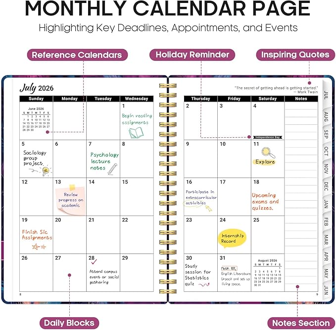 Planner 2026–2027, Academic Monthly Weekly Spiral Calendar, July 2026 – June 2027, Hardcover Agenda Notebook with Tabs, 6.3" x 8.5", Perfect for Students, Teachers, School & Daily Planning - Ocean Glow