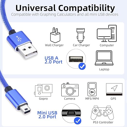 Mini USB Charger Cable for Texas Instruments Calculators, TI-84 Plus CE, TI-84 Plus C Silver Edition, TI-Nspire CX CAS, USB Charging & Data Sync, Nylon Braided 3.3FT (Blue)