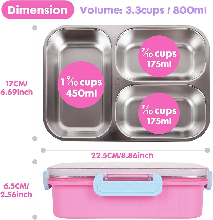 Stainless Steel Bento Lunch Box for Kids, 800ml/27oz BPA-Free Leak-Proof Food Containers with 3 Compartments, Freezer & Dishwasher Safe, Back to School Students Lunches Size for Ages 3-7