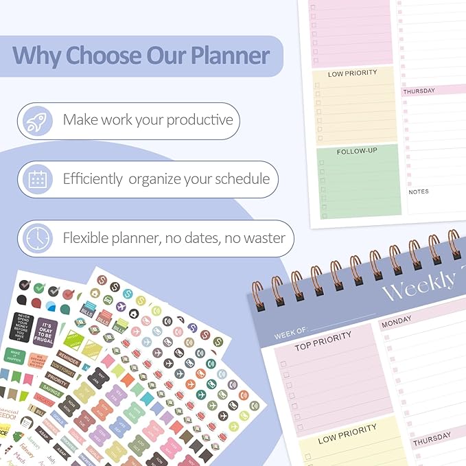 Weekly To Do List Notepad, 52 Sheets Undated Weekly Planner, 8.5"x11" Letter Size Horizontal Desk Pad with 100GSM Thick Paper, Twin-Wire Spiral Bound Tear Off Lined Organizer for Office Work, School & Home