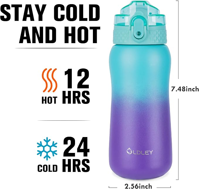 Oldley Insulated Water Bottles 12oz Kids Water Bottle with Straw, Stainless Steel Water Bottle with 2 Lids, Double Wall Vacuum Bottle, Leak-Proof Sports Bottles for School Travel, Green Purple